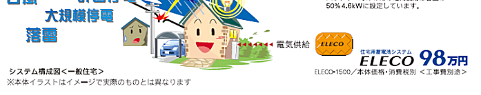 住宅用蓄電池システム ELECO約98万円（ELECO-1500 / 本体価格・消費税別、工事費別途）