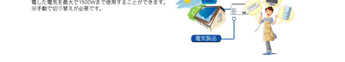 パワーコンディショナーの専用コンセントから太陽光で発電した電気を最大1500Wまで仕様することができます。※手動で切り替えが必要です。