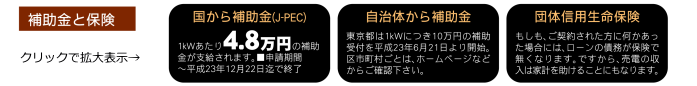 補助金と保険　国からの補助金1KWあたり48,000円、自治体からの補助金、団体信用生命保険